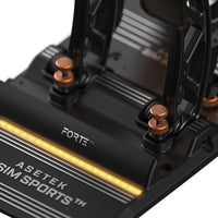 Close-up of Asetek Simsports Forte Sim Racing Pedals featuring brake and throttle components.