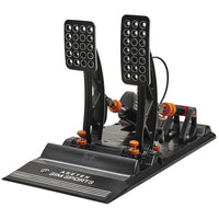 Asetek SimSports Invicta sim racing pedals in black, featuring brake and throttle, designed with excellent materials for premium simulation.