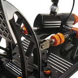 Close-up view of Asetek SimSports Invicta Sim Racing Pedals with hydraulic brake and throttle, featuring premium materials