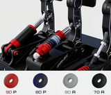 SIMAGIC P1000 3 Pedal Set Floor Mount shown in detail with different adjustable pressure settings of 90P, 80P, 80R, and 70R.