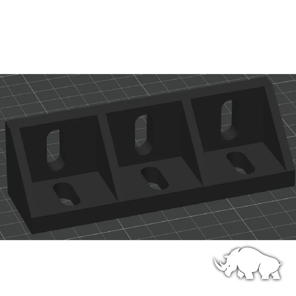 Diseño en 3D de un soporte con dos orificios ovalados para montaje en estructura modular de aluminio